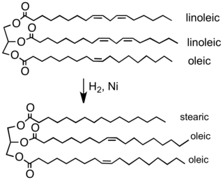 Μερική υδρογόνωση ενός τυπικού φυτικού ελαίου ελαίων σε ένα τυπικό συστατικό της μαργαρίνης. Οι περισσότεροι από τους C = C διπλούς δεσμούς αφαιρούνται σε αυτή τη διαδικασία, η οποία ανεβάζει το σημείο τήξεως του προϊόντος.