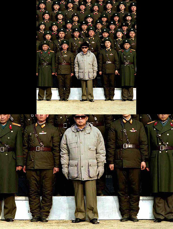 ο Kim Jong , προστέθηκε αργότερα στην φωτογραφία με τα στρατεύματα της Βόρειας Κορέας . Κάποιοι παρατήρησαν ότι το σχέδιο του ξύλου ή μετάλλου που βρίσκεται πίσω του διαφέρει