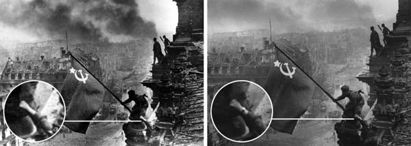 Μάχη του Βερολίνου 2  Μαΐου 1945. Μια από τις γνωστότερες πολεμικές εικόνες . Όταν δημοσιεύθηκε αρχικά στο ρωσικό περιοδικό Ogonyok,από την φωτογραφία αφαίρεσαν το δεύτερο ρολόι από το δεξιό καρπό του Ρώσου στρατιώτη για να μην φανεί το πλιάτσικο